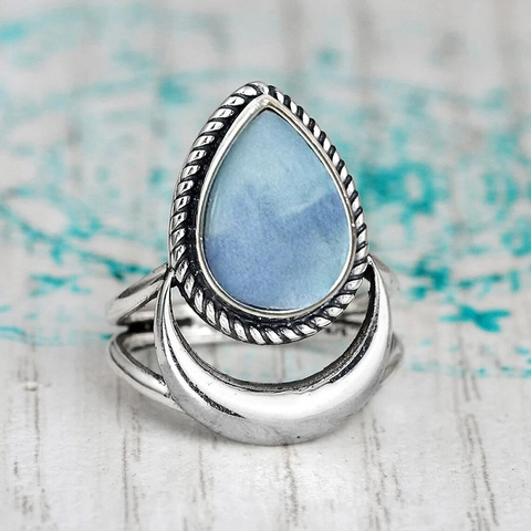 Vintage Waterdrop Blue Stone Ring Crescent Moon Bohemian Ethnic Copper Finger Jewelry For Women