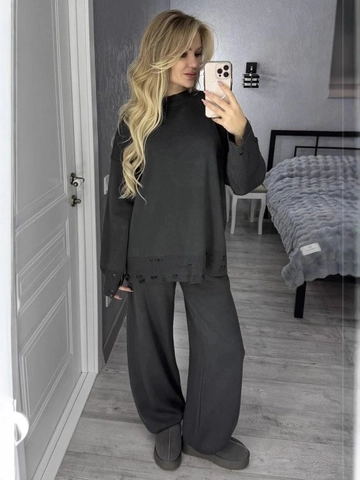 Pull En Tricot Déchiré En Coton Et Polyester Et Pantalon À Jambes Droites Couleur Unie Pour Femmes