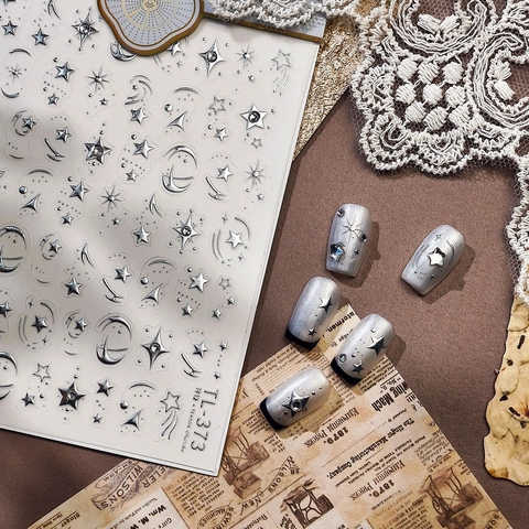 Silver Star Moon Nail Art Stickers 3D Embossed Metallic Decals DIY Manicure Decorations