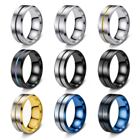 Stainless Steel Band Ring Brushed Matte Finish High Polished Groove Design Minimalist Jewelry For Men