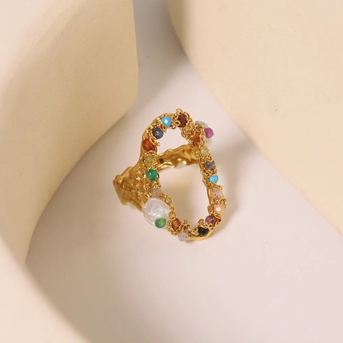 Vintage Stainless Steel Open Ring Hammered Texture Natural Freshwater Pearl Colorful Rhinestone Adjustable Ring For Women