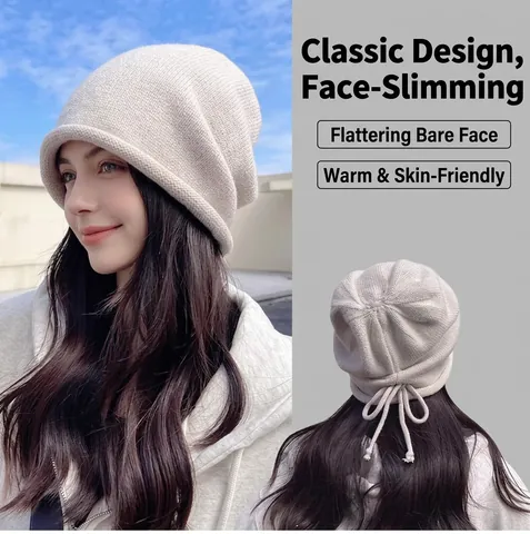 Women Winter Warm Knit Beanie Hat Large Head Slouchy Beanie With Drawstring Ear Protection Rolled Edge Acrylic Knitted Cap
