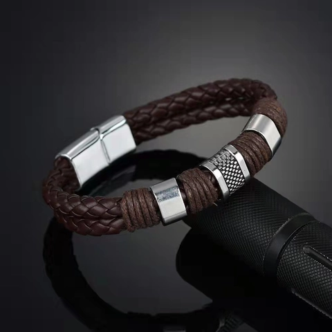 Bracciale Uomo Pelle Intrecciata Ciondolo Croce Lega Chiusura Magnetica Retro Punk Rock Gioielli Accessori