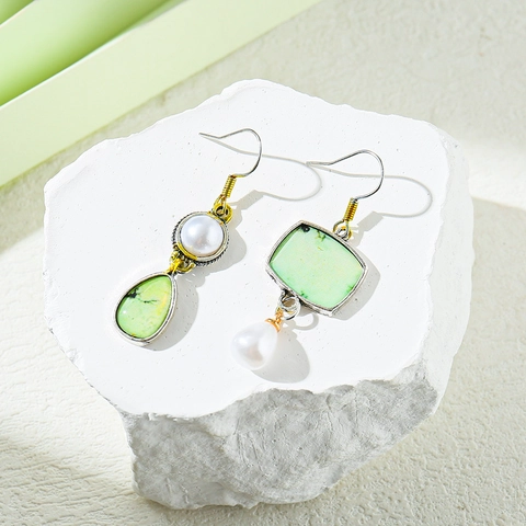 Orecchini Pendenti Asimmetrici Lega Pietra Verde Perla Artificial Bianca Stile Bohemien Vintage Gioielli Per Donna