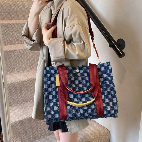Borsa Tote In Denim Grande Capacità Scacchi Frange Tracolla Rossa Contrasto Borsa A Spalla Donna Casual Viaggio