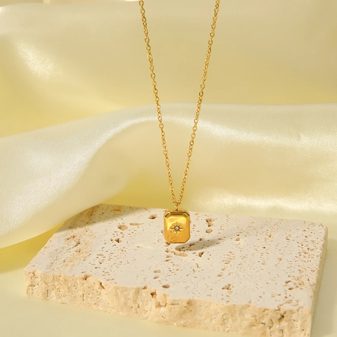 Octagram Star Pendant Necklace 18K Gold Plated Stainless Steel Geometric Rectangular Zircon Jewelry For Women