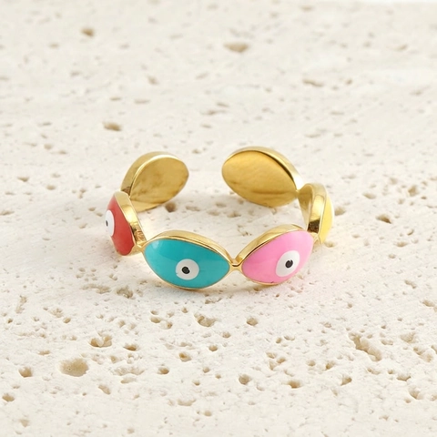 Evil Eye Ring 18K Vergoldet Edelstahl Bunte Emaille Verstellbarer Offener Fingerschmuck Boho Trendy Für Frauen Geschenk