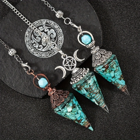 Natural Turquoise Crystal Crushed Stone Pendulum Necklace Resin Hexagonal Cone Pendant Wicca Pentagram Moon Reiki Healing