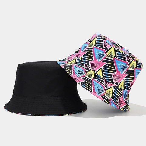 Omkeerbare Vissershoed Polyester 3D Geometrische Print Brede Rand Zonbescherming Streetwear Retro Strand Zonnescherm