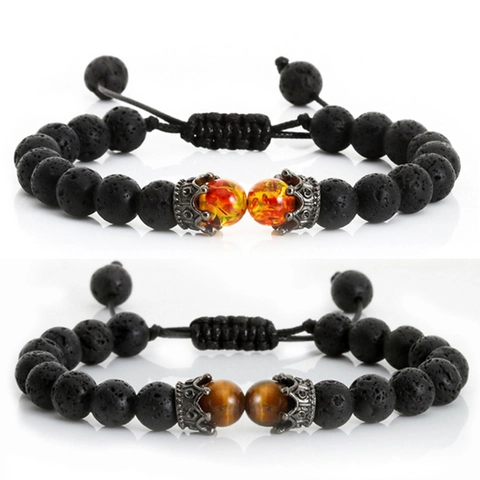 Bracciale Con Perline In Pietra Lavica Naturale Occhio Di Tigre Con Corona In Lega Zircone Retrò Regolabile