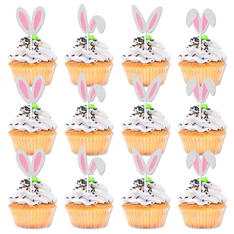 Bunny Ear Cake Toppers Glitter Paper Easter Party Decorations Rabbit Carnival Birthday Dessert Picks Silver Pink