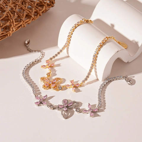 Butterfly Flower Bracelet Pink White Zircon Copper Tennis Chain Elegant Sweet Adjustable Jewelry For Women