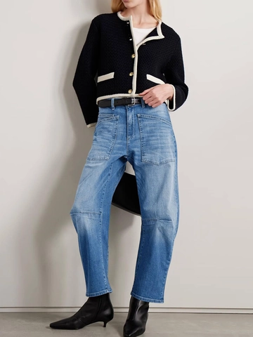 Jean Cargo Femme Taille Haute Jambe Large Pantalon En Denim Grandes Poches Plaquées Style Rétro Lavé Coton