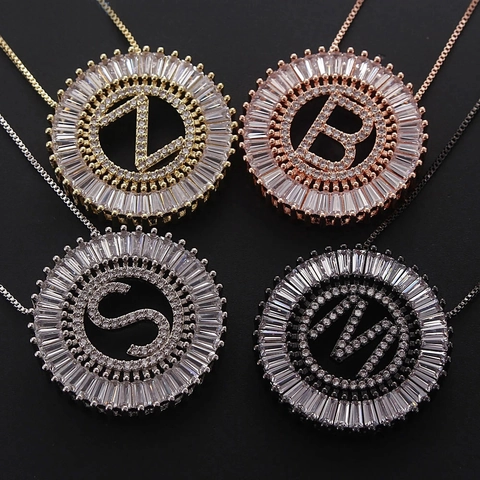 Alphabet Letter Pendant Necklace For Women Men Round Medallion Copper AAA Zirconia Iced Out Baguette Initial Pendant Necklaces Jewelry