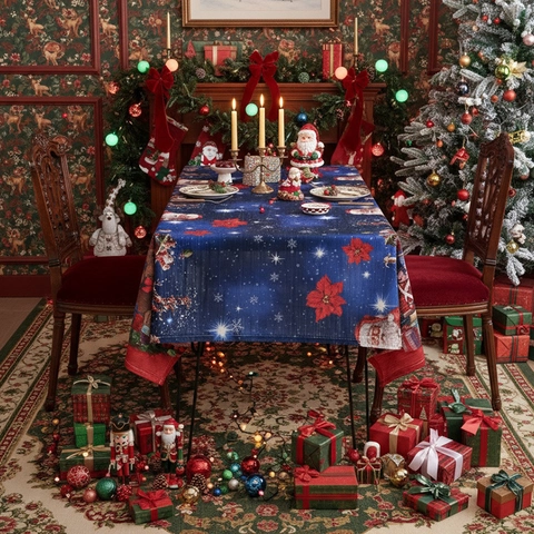 Christmas Tablecloth Waterproof Polyester Rectangular Santa Snowman Tree Printed Table Cover Holiday Party Home Dining Decor