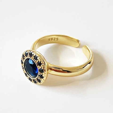 925 Sterling Silber Ring 18K Vergoldet Blau Saphir Edelstein Halo Schwarz Strass Retro Offen Verstellbar Schmuck Damen