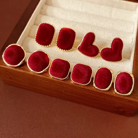 Orecchini A Lobo Vintage Cuore Geometrico Velluto Rosso Con Perno In Argento Sterling 925 Per Donna Gioielli Eleganti