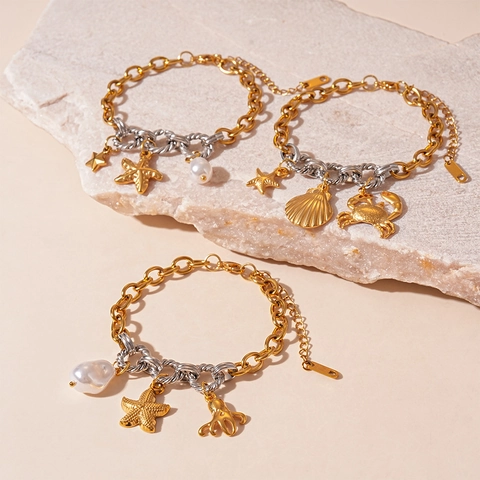 Oceaan Thema Charm Armband Roestvrij Staal Tweekleurige Mix Ketting Zeester Schelp Octopus Hangers Dames