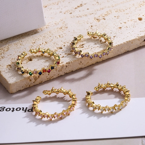 Adjustable Open Ring Copper 18K Gold Plated Colorful Cubic Zirconia Wave Geometric Minimalist Jewelry For Women