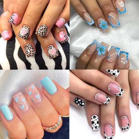 Press On Nails Long Square French Tip With Rhinestones Flower Butterfly Heart Patterns Fashion ABS Fake Nails For Women