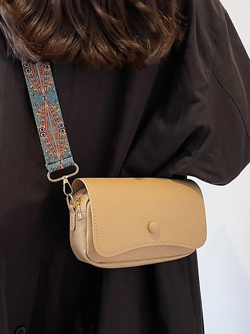 Women Crossbody Bag PU Leather Litchi Pattern Small Square Purse With Wide Ethnic Bohemian Adjustable Shoulder Strap