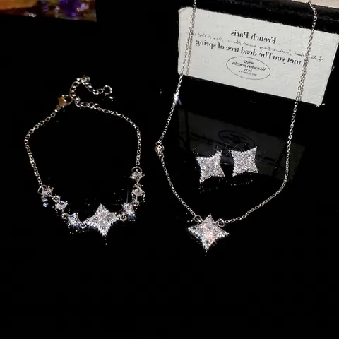Collana E Bracciale Stella Starburst Zircone Scintillante Incastonato Rame Placcato Argento Gioielli Minimalisti Eleganti Donne
