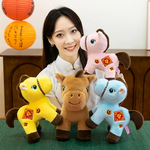 Fortune Horse Plush Toy New Year Mascot Soft Short Plush Animal Doll With Embroidery Decoration Gift For Kids Adults