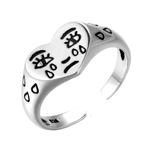 Anillo Abierto de Corazón con Cara Llorando de Aleación de Zinc Vintage Color Plata Galvanizado Emoji Triste Anillo Ajustable Joyería Unisex