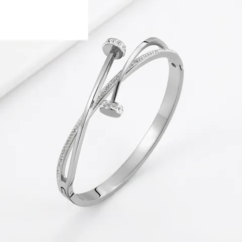 Nail Shaped Bangle Titanium Stainless Steel Rhinestone Inlaid Fashion Elegant Jewelry For Women