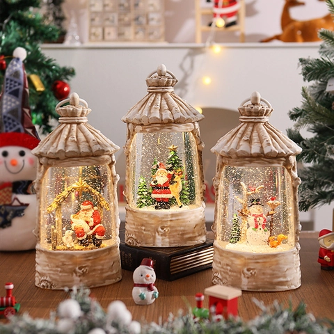 Lanterna Con Palla Di Neve Di Natale Ornamento Luminoso Resina Decorazione Vintage Scrivania Alimentazione USB Regalo