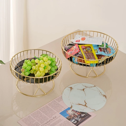 Runde Fruitschaal Metalen IJzeren Mand Met Marmerpatroon Voetstuk Snack Dessert Opbergrek Luxe Moderne Woondecoratie