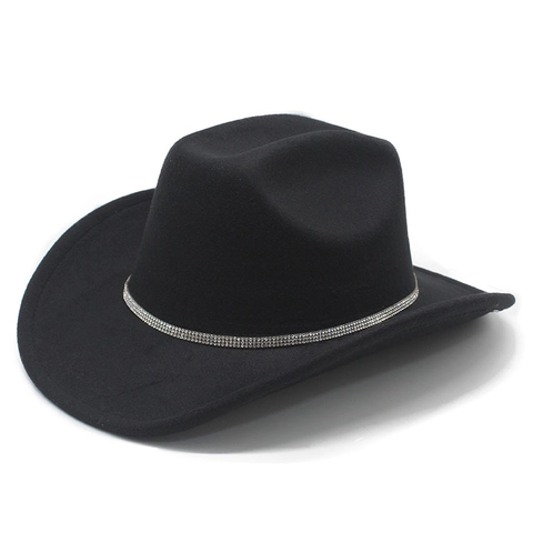 Chapeau De Cow-Boy Western Feutre De Laine Large Bord Bande De Strass Vintage Jazz Fedora Pour Hommes Femmes