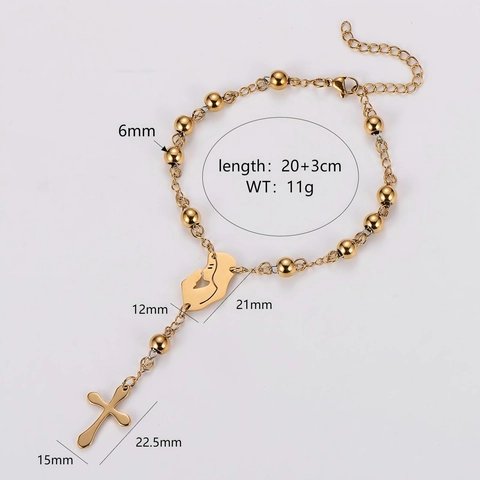 Rozenkrans Kralen Armband 304 Roestvrij Staal Met Kruis Hanger Biddende Handen Maagd Maria Medaille Religieuze Sieraden