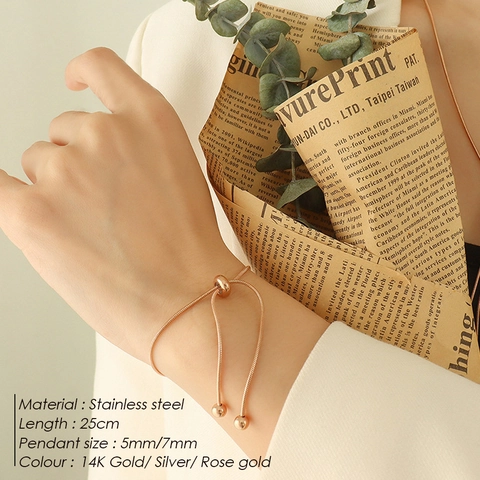 Snake Chain Bracelet Stainless Steel Adjustable Slider Pull String Minimalist Round Beads Fashion Jewelry For Women