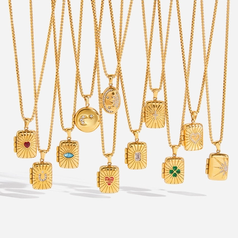 Vintage Edelstahl Medaillon Halskette Für Damen Vergoldet Tarot Stil Fotorahmen Anhänger Herz Stern Mond Strass Schmuck Geschenk