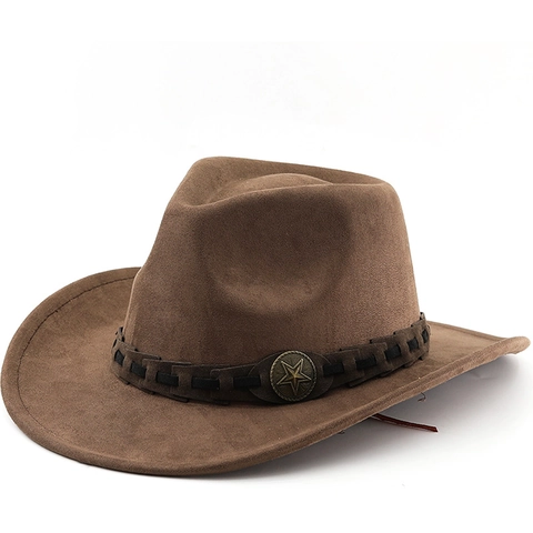 Cappello Da Cowboy Western Vintage Finta Pelle Scamosciata Tesa Larga Jazz Fedora Con Fascia Intrecciata E Stella
