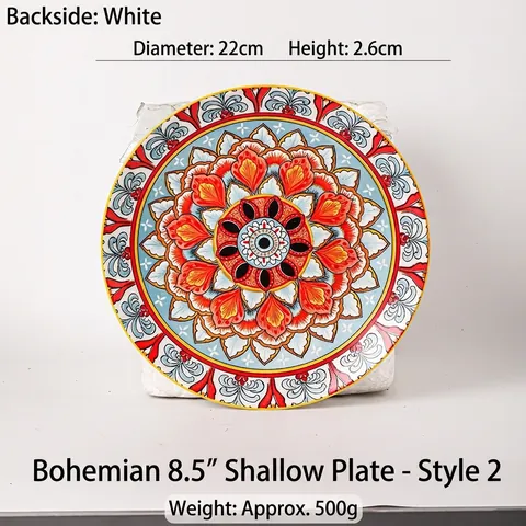 Assiette Plate en Céramique Bohémienne Motif Mandala Plat de Service Peu Profond pour Steak Pâtisserie Pain Affichage Cuisine Vaisselle