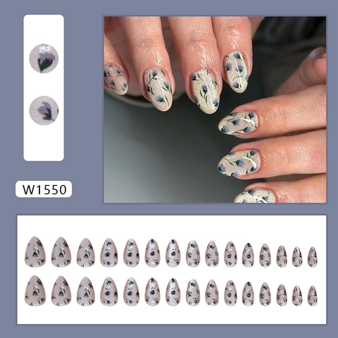Press On Nails Short Almond Fake Nails Blue Flower Cat Eye Glitter Design ABS Plastic Wearable For Women