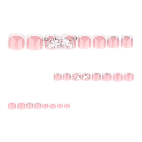 Französische Press On Zehennägel Mit 3D Blumen Künstliche Perlen Strass Nude Rosa Weiße Spitzen Kurz Quadratisch Künstliche Zehennägel
