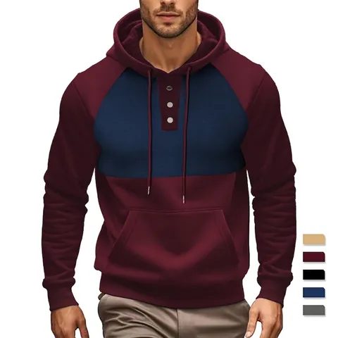 Felpa Con Cappuccio Uomo Poliestere Maniche Lunghe Coulisse Bottoni Tasca A Marsupio Contrasto Blocchi Di Colore
