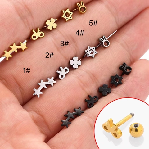 316L Stainless Steel Ear Piercing Studs Star Clover Bow Hexagram Rabbit Shapes Screw Ball Back Minimalist Body Jewelry