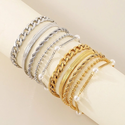Bracciale Acciaio Inossidabile Donna Placcato Oro Catena Serpente Torsione Perla Artificial Gioielli Minimalisti Multistrato