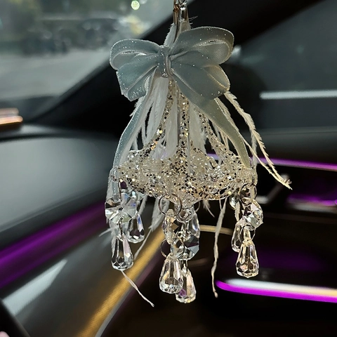 Ornamento Sospeso Lampadario In Vetro Di Cristallo Con Fiocco Di Velluto E Piuma Per Decorazione Albero Di Natale