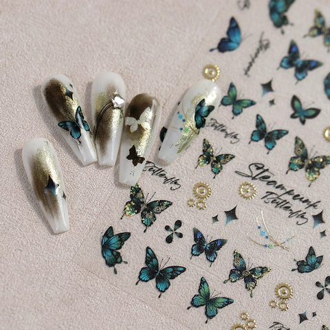 Autocollants d'Art Ongulaire Papillon Steampunk Marquage à l'or Engrenages Étoiles Motifs Autocollants Laser Aurore Décalcomanies pour Ongles Femme DIY Manucure Décoration