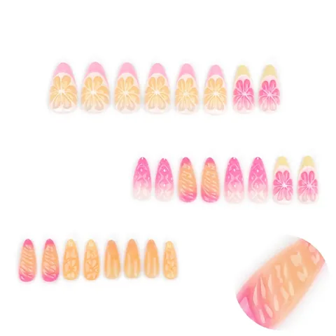 3D Fruit Press On Nagels Citroen Oranje Ontwerp Amandelvorm Franse Stijl Glanzend Gelei Kunstnagels
