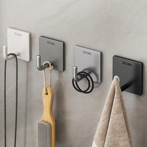 304 Stainless Steel Wall Mount Hooks Self Adhesive No Drill Heavy Duty Modern Square For Bathroom Kitchen Door Rack