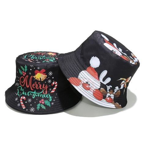 Kerst Vissershoed Polyester Kerstman Rendier Print Feestelijke Vakantie Party Zonbescherming Outdoor Unisex Hoed