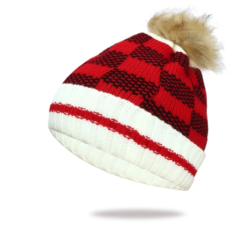 Winter Beanie Strickmütze Mit Kunstfell Bommel Kariert Warm Strickmütze Für Damen