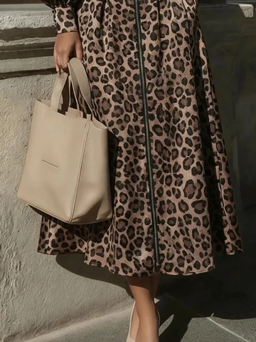 Leopard Print Maxikleid Damen Acetat Satin V Ausschnitt Reißverschluss Vorne Laternenärmel Elegant Herbst Casual Langes Kleid