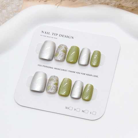 Handmade Press On Nails Green Cat Eye Silver Glitter Square Round Fashionable Elegant Manicure For Women